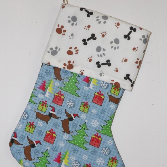 Weineer Dogs Christmas Trees 14" Hand Crafted Christmas Stocking Gold Cord - Picture 1 of 4